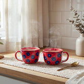 Floral Ceramic Soup Bowl Style Mug Set, Red