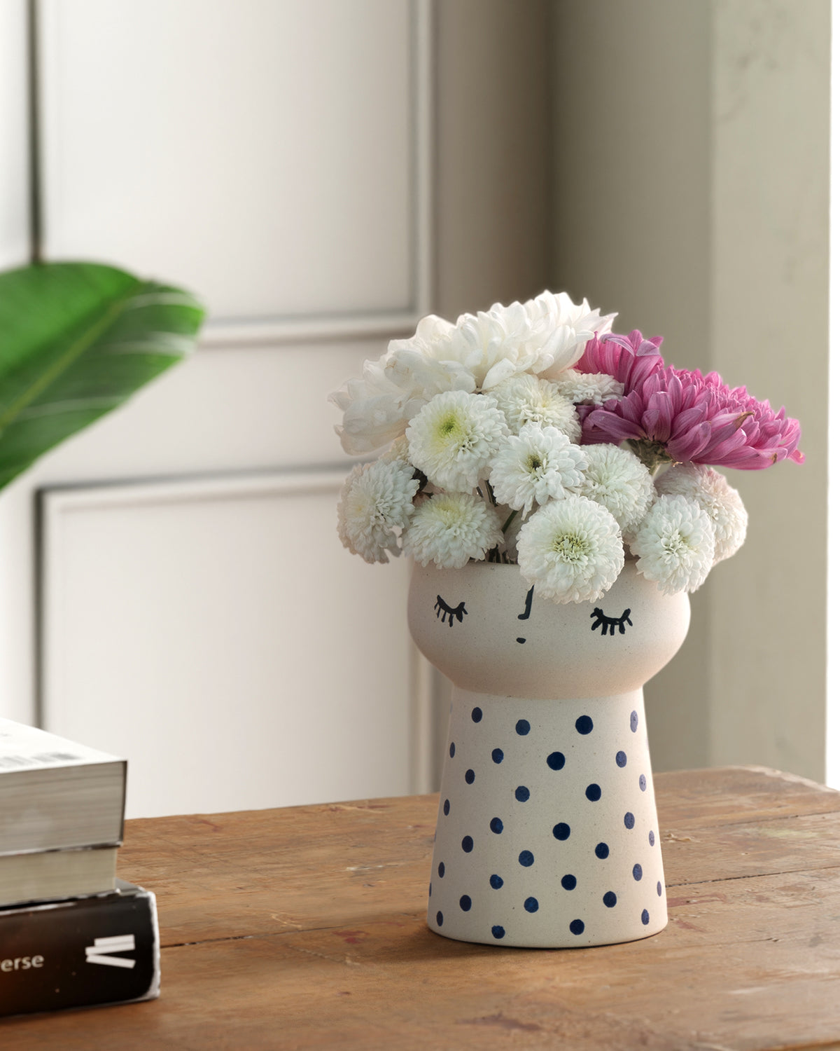White Ceramic Flower Vase with Indigo Dots 5x4