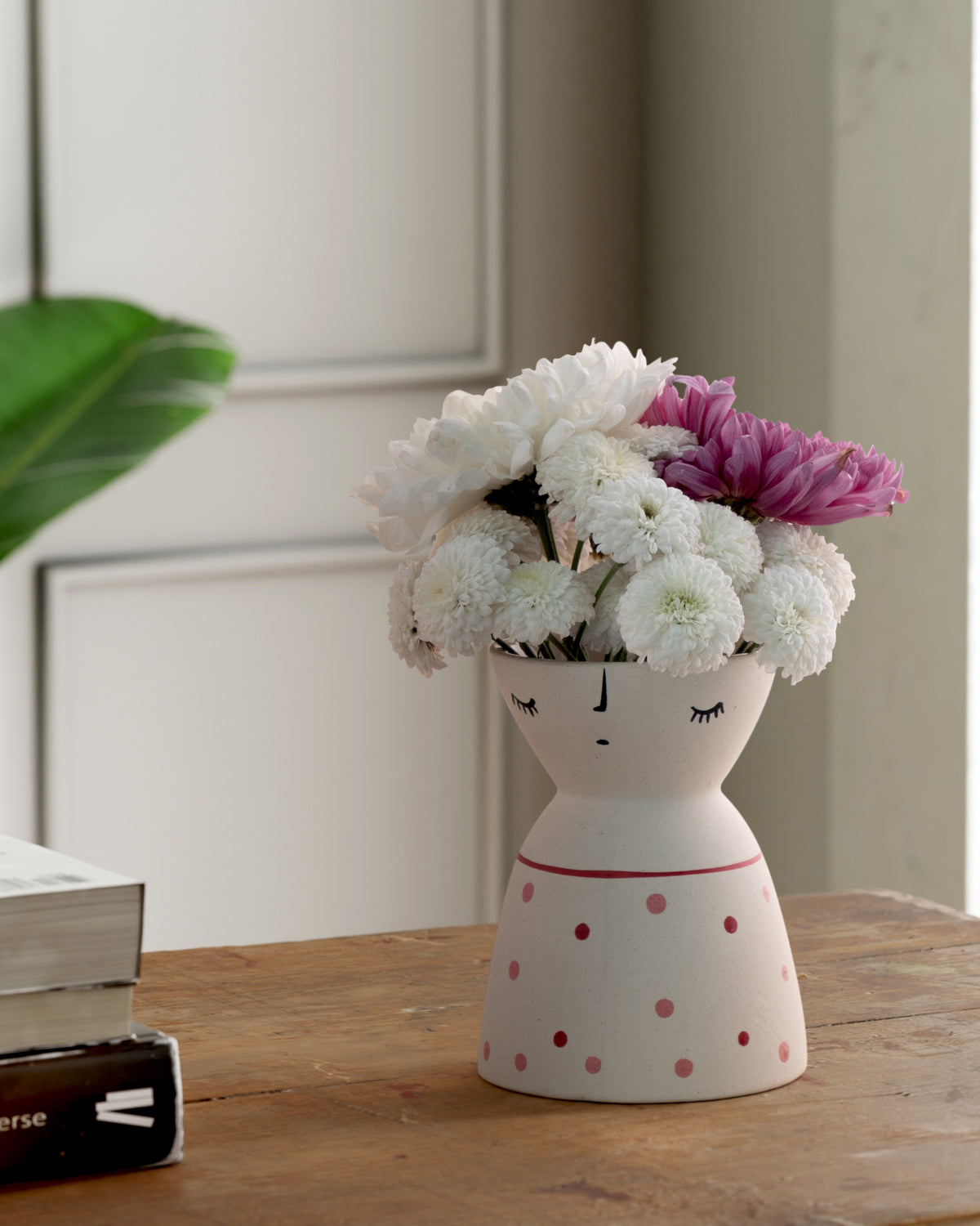White Ceramic Flower Vase with Red & Pink Dots 5x4