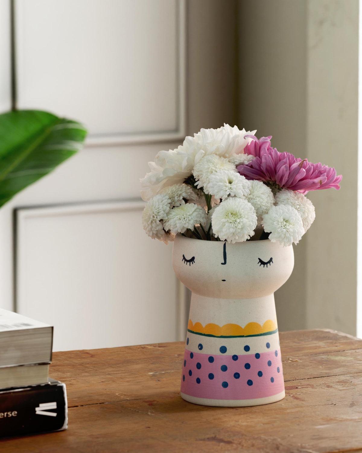 White Ceramic Flower Vase with Pink Block & Yellow Edge 5x4