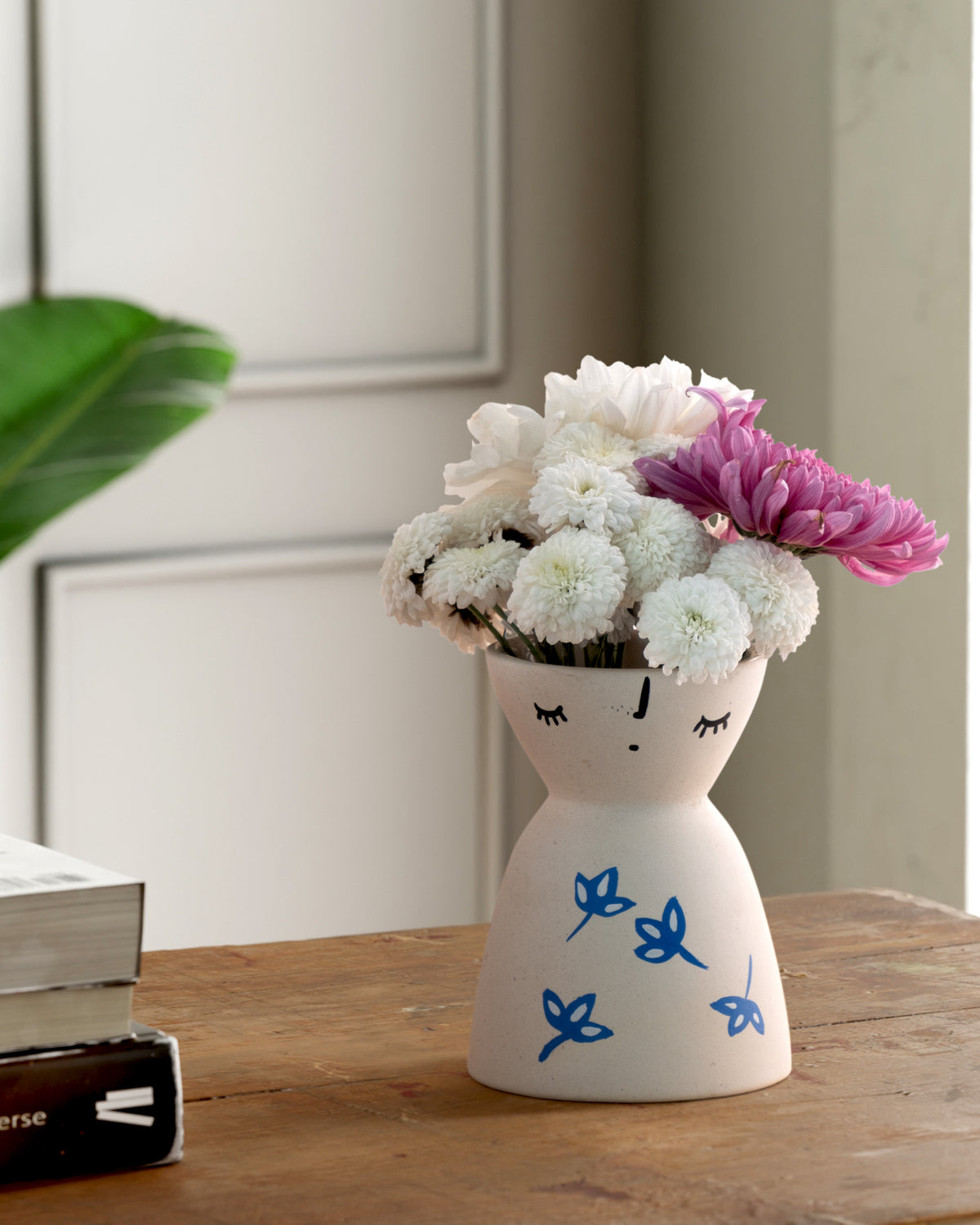 White Ceramic Flower Vase with Scattered Blue Leaves 5x4