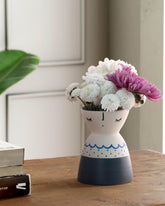 White Ceramic Flower Vase with Grey Block & Blue Line - Eyaas