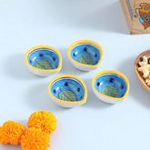 Green Leaf & Light Blue Pottery Ceramic Diya Set of 4