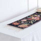 Black Floral Crewel Embroidery Kashmiri Table Runner, 1x4 ft