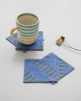 Fabric Coasters Set Blue & Green, Diagonal Striped - Eyaas