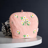 Daisy Hand Embroidered Upcycled Tea Cozy Peach, 9 x 12, - Eyaas