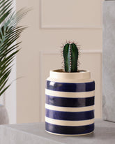 White Indigo Striped Cylindrical Ceramic Vase 4×5″ - Eyaas