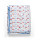 Fish & Waves Block Printed Mulmul Dohar, Blue Rust, 60x90 - Eyaas