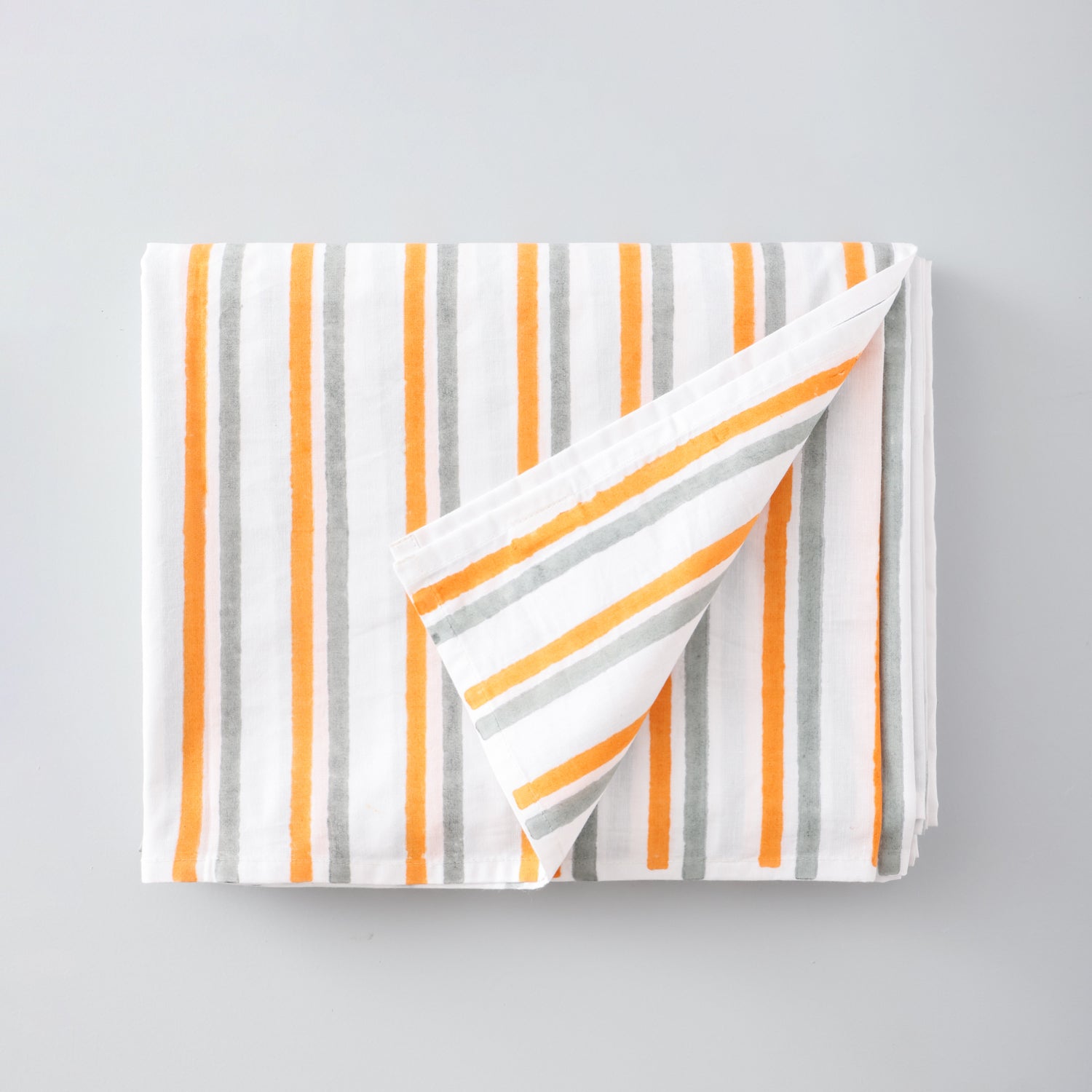 Hand Block Printed 2 Colour Striped Percale Bed Sheet with Pillow Covers