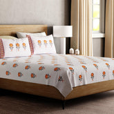 Hand Block Printed Percale Floral Bed Sheet 90x108 Set - Eyaas