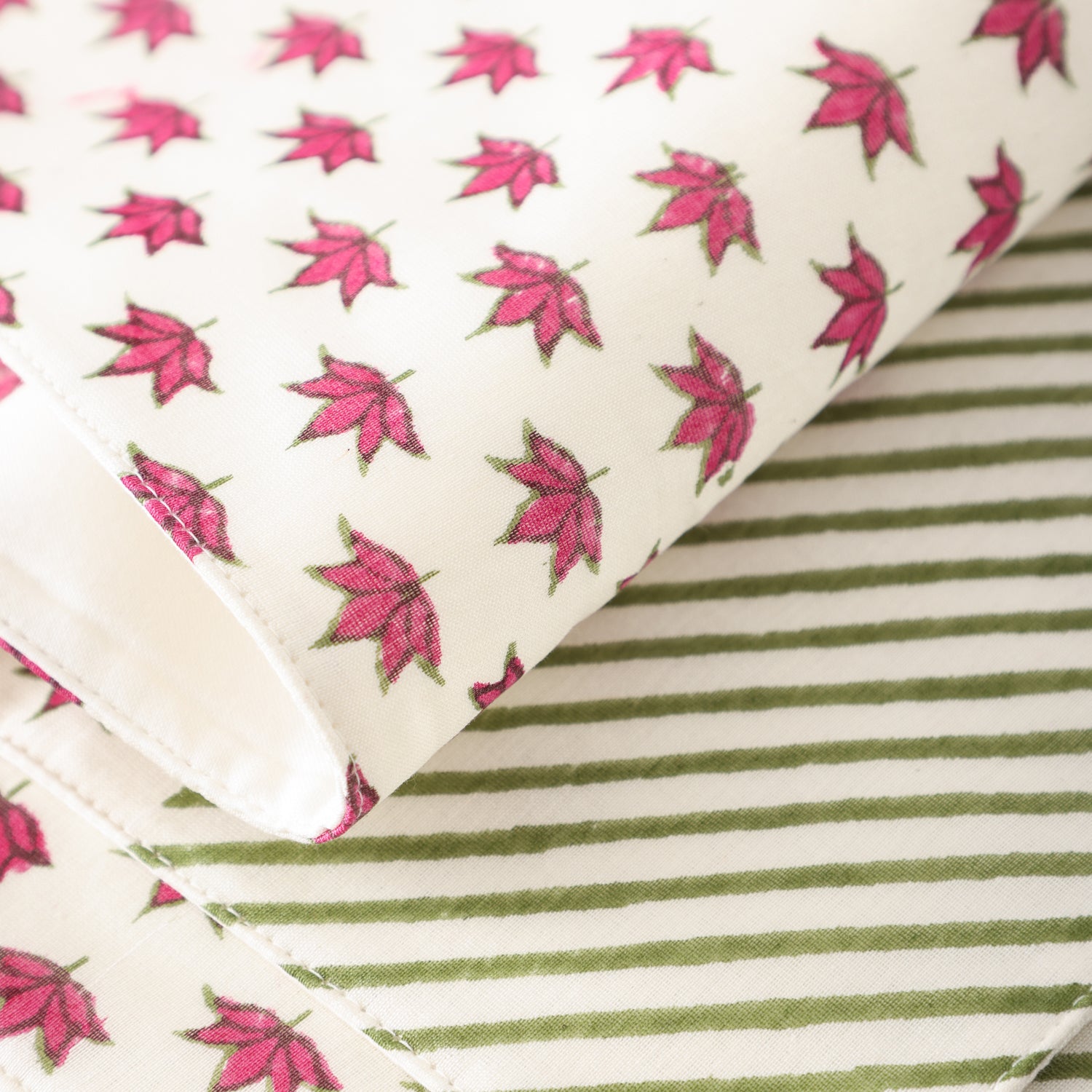 Hand Block Printed Chanderi Table Mats in Pink Lotus & Green Stripes Set of 2 - 14x18