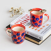 Floral Ceramic Coffee Mug Set of 2, Red, 3x3.75 - Eyaas