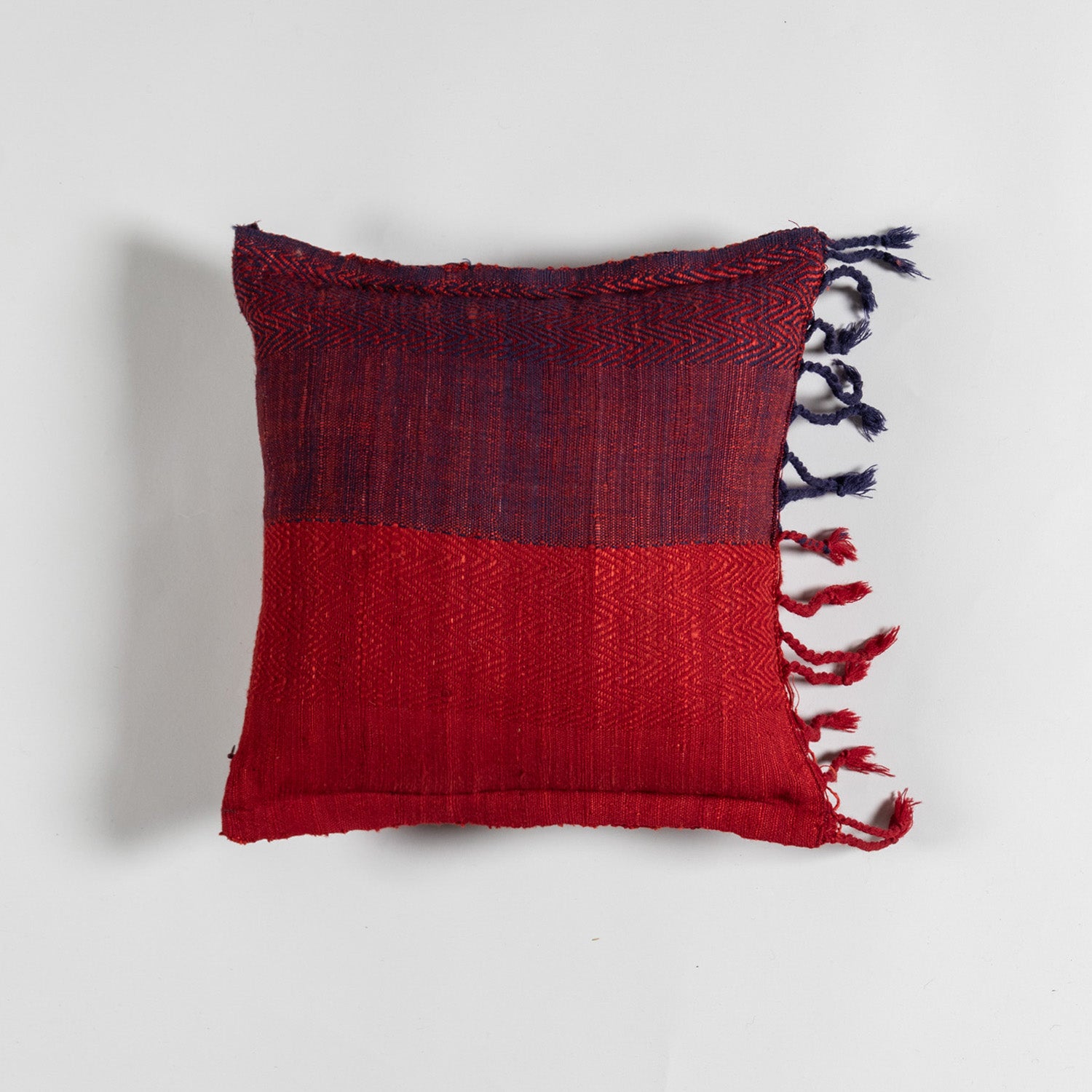 Handwoven Upcycled Red & Blue Wool & Oak Silk Cushion Cover - 12x12