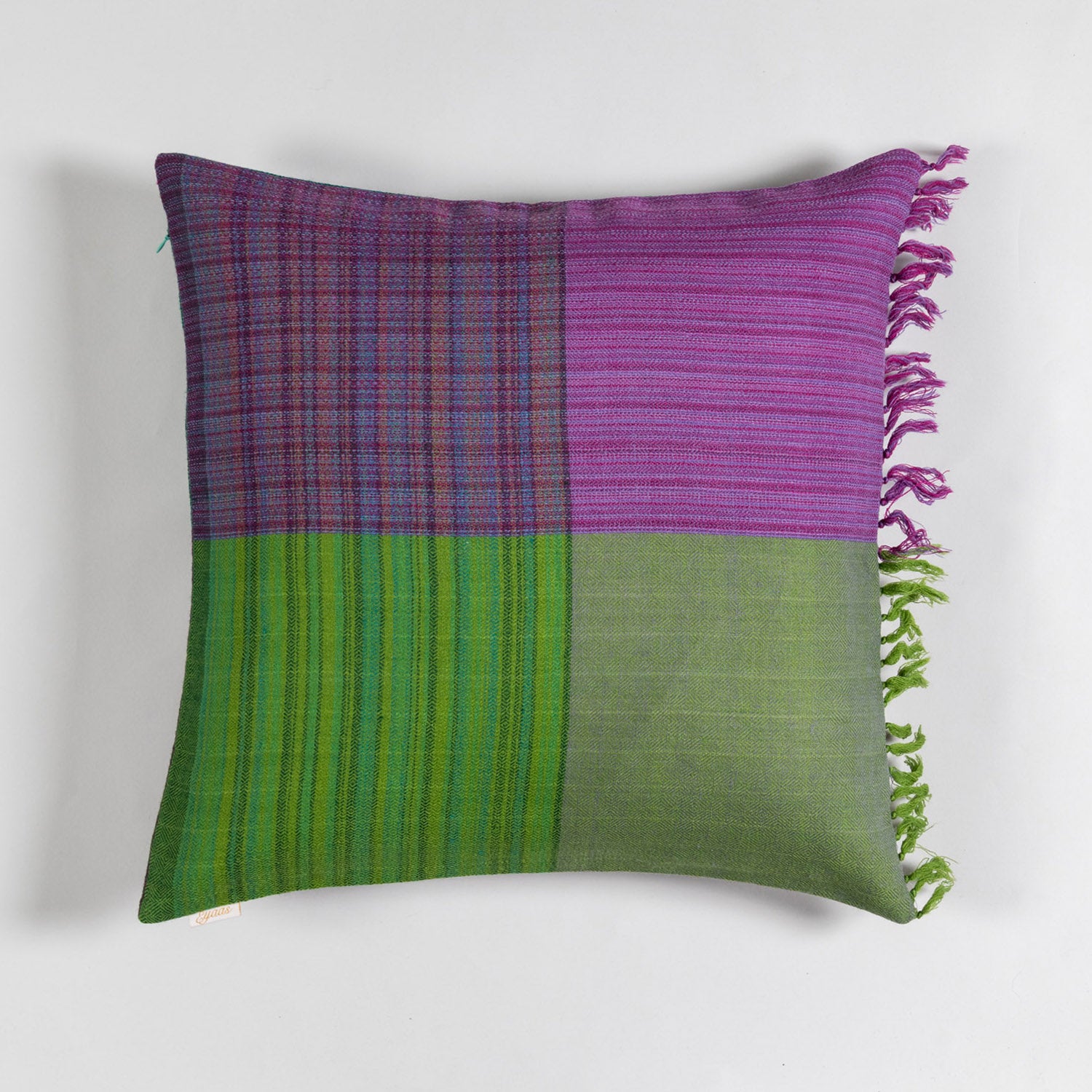 Handwoven Upcycled Green & Purple Wool Cushion Cover - 18x18