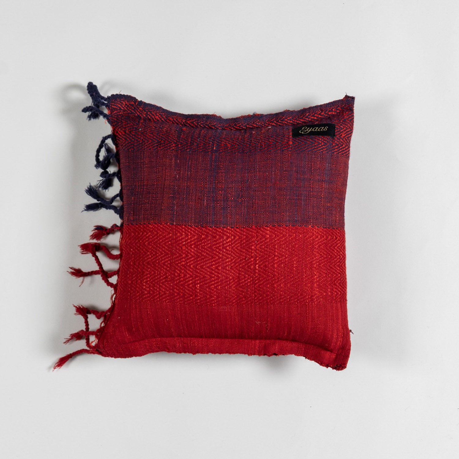 Handwoven Upcycled Red & Blue Wool & Oak Silk Cushion Cover - 12x12