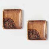 Square Peacock Hand-Painted Acacia Wood Platter - Set of 2