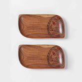 Leaf-Shaped Peacock Hand-Painted Acacia Wood Platter - Set of 2