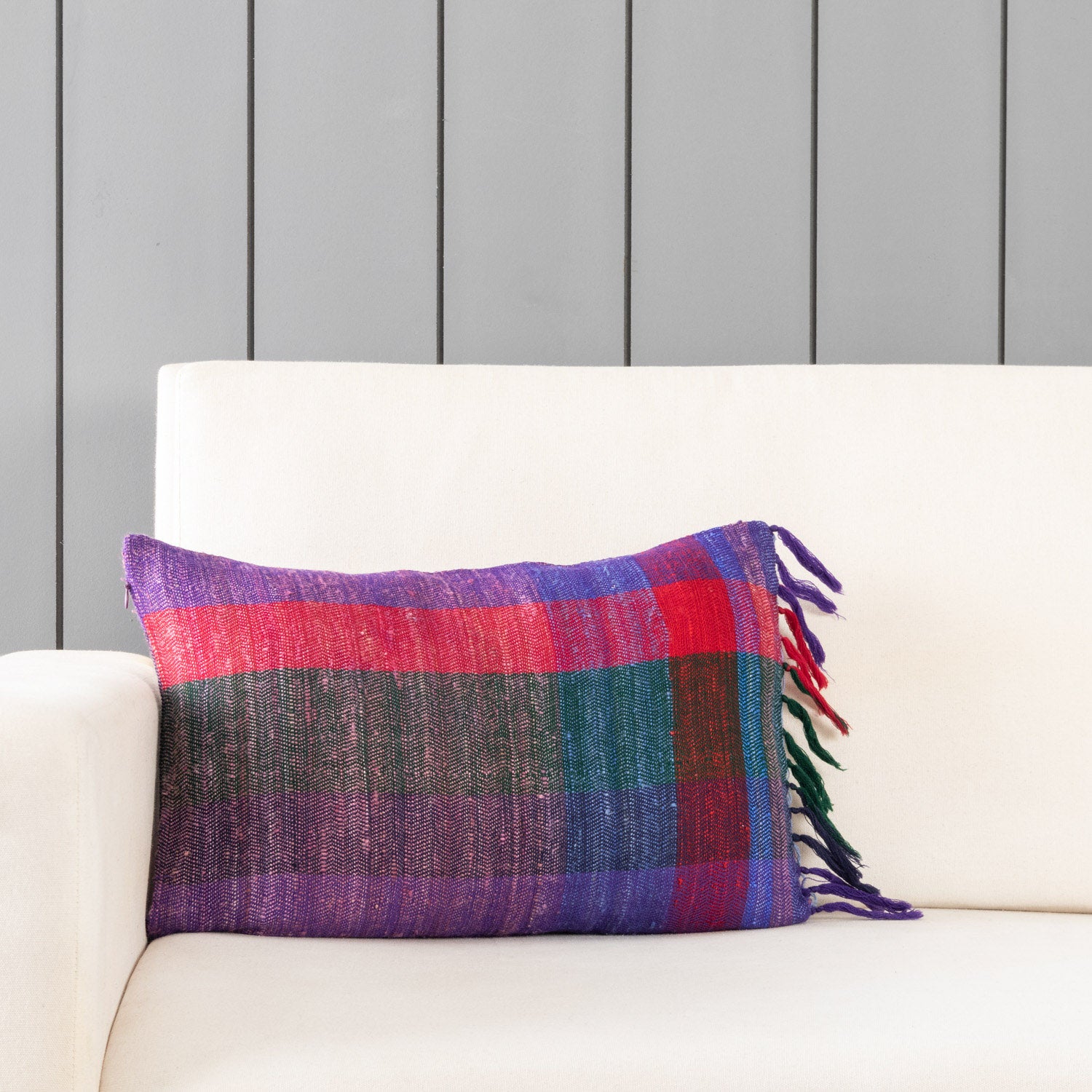 Handwoven Upcycled Multi-colored Wool & Oak Silk Cushion Cover - 12x18