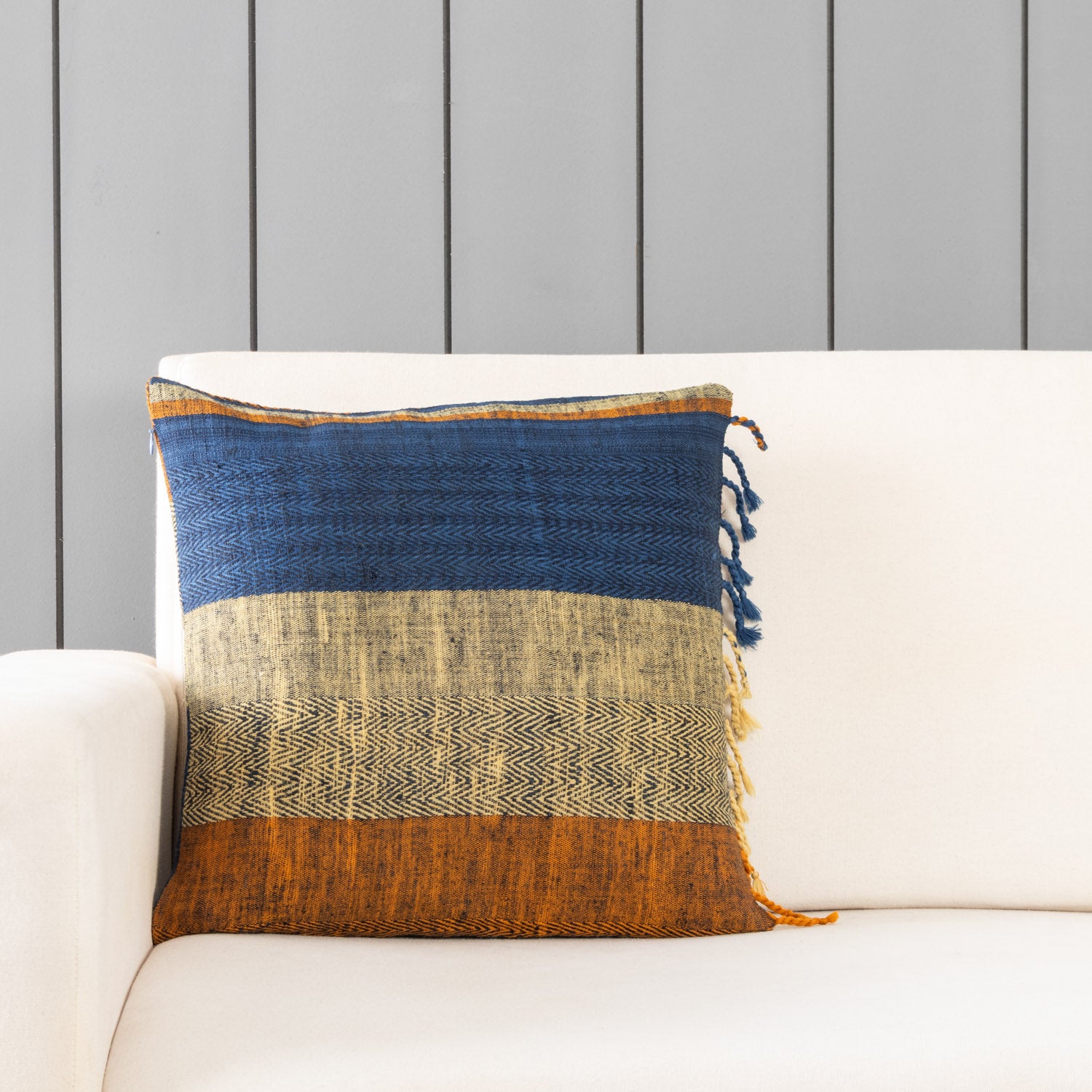 Handwoven Upcycled Blue, Orange, Yellow Striped Wool & Oak Silk Cushion Cover - 16x16