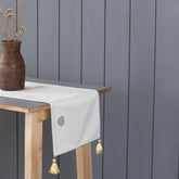 White Chanderi Table Runner with Golden Motifs - Eyaas