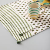 Block Printed Chanderi Table Mats Set of 2, Green Lotus - Eyaas