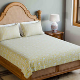 Block Print Bedsheet & Pillow Covers, Yellow & White