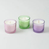 Set of three chiseled glass soy wax scented candles in Green Apple Rose and Lavender fragrances