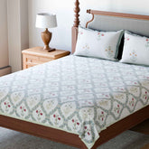 King-size Block Printed Bedcover & Pillow Cases - Green - Eyaas