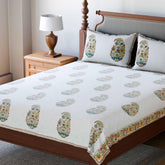 King-size Block Printed Bedcover & Pillow Cases, Multi-Colour - Eyaas