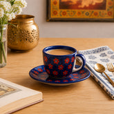 Blue & Red Floral Ceramic Cup And Saucer Set