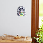 Handmade Kathakali Chhau wall mask displayed as living room wall decor, showcasing vibrant colours and traditional Indian folk art craftsmanship