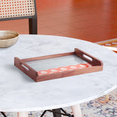 Rectangular sheesham wood serving tray with dual orange and grey chanderi fabric featuring golden paisley motifs, styled for festive home déc