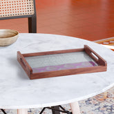 Rectangular sheesham wood serving tray with dual purple and grey chanderi fabric featuring golden paisley motifs, styled for festive home décor