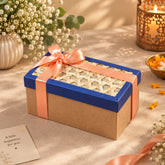 A rectangular gift hamper box with a natural bamboo lid filled with premium corporate gifts on a festive table setting.
