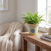Yellow and blue Jaipur Blue Pottery planter styled on a balcony with a green plant