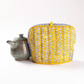 Block Printed Tea Cozy Yellow & Grey, 9 x 11.5 - Eyaas