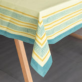 Block Print Table Cloth, Light Yellow with Blue Border - Eyaas