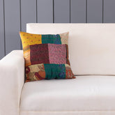Patchwork Kantha Cushion Cover, Mustard & Teal 16x16 - Eyaas