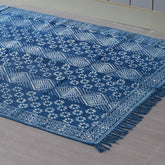 Indigo Diamond Floral Hand Block Dhurrie Rug 6x4 ft - Eyaas