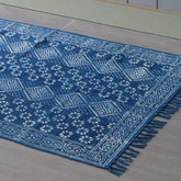 Indigo Diamond Floral Hand Block Dhurrie Rug 5x3 ft - Eyaas