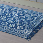 Cotton Dhurrie Rug, Floral, 5x3 ft, Indigo - Eyaas