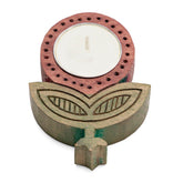 Single Flower Block Carved Wood Stained T-light Holder - Eyaas