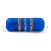 Blue handwoven Banarasi brocade silk bolster cover with floral bael pattern, 25 x 10 inches.