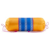 Blue and yellow handloom Banarasi brocade bolster with floral weave, 25 x 10 inches