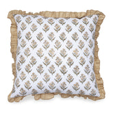 Hand block printed cotton cushion cover with floral booti design and frill border, 16 x 16 inches.