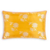 Yellow handwoven Banarasi brocade silk cushion cover with floral bael pattern, 12 x 18 inches