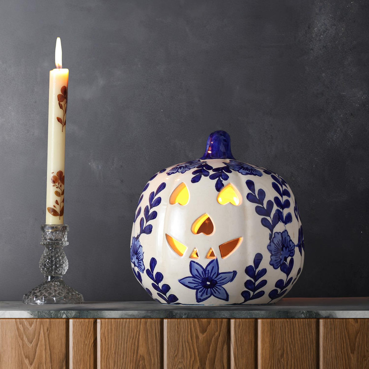 Ceramic Pumpkin Tea Light Holder - Floral Blue