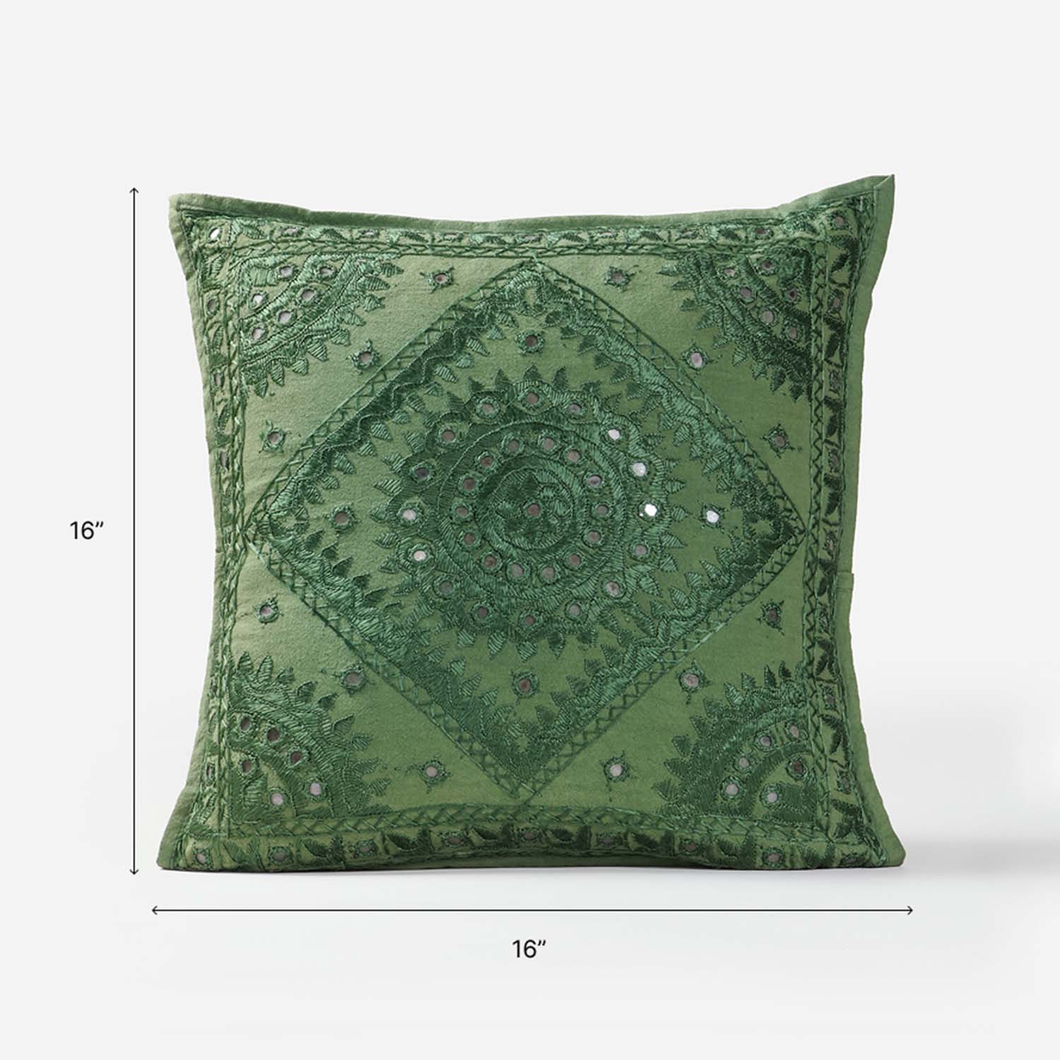 Moss Green Mirror Embroidered Cushion Cover, 16x16