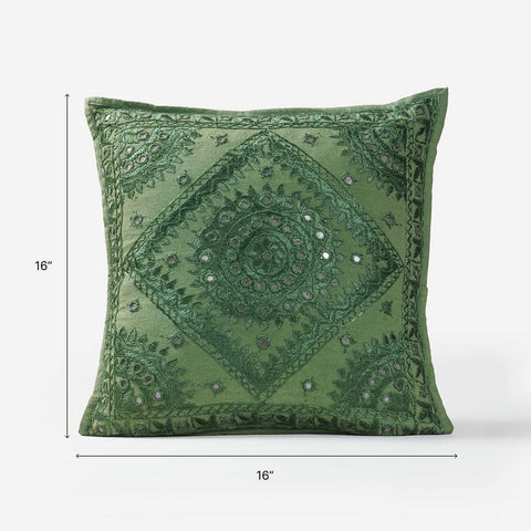 Moss Green Mirror Embroidered Cushion Cover, 16x16