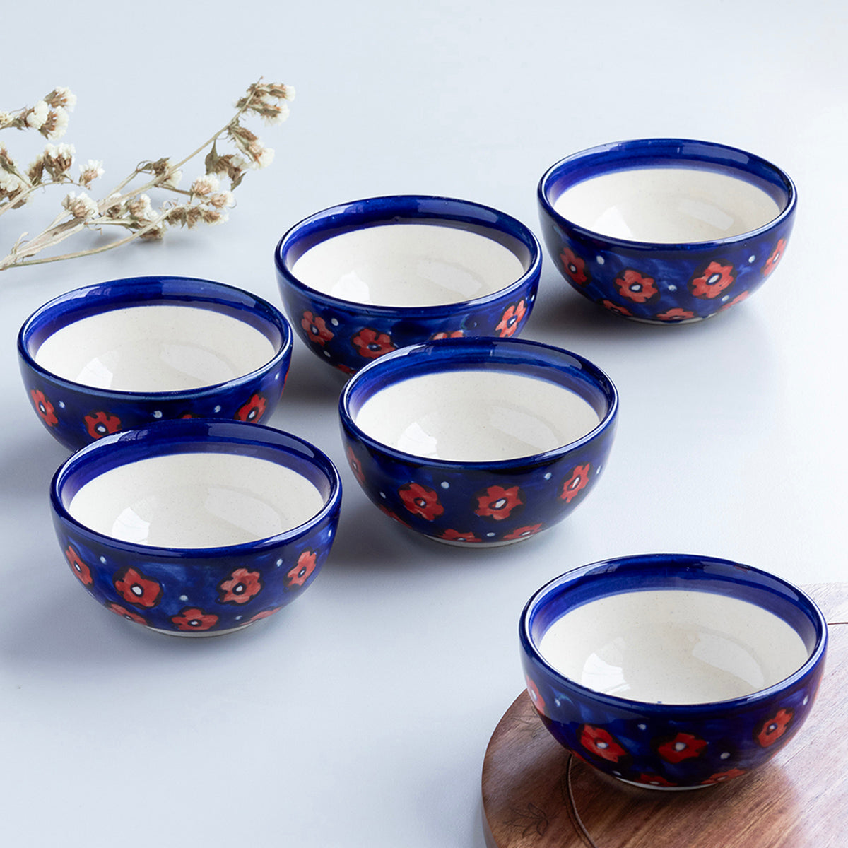 Red and Blue Floral Ceramic Katori Bowl / Portion Bowl